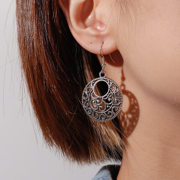 

Hollow Out Round Drop Earrings, Antique silver