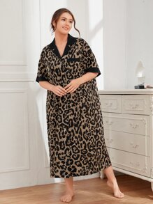 SHEIN Unity Plus Leopard Contrast Trim Patched Pocket Sleep Dress, Moo Moo - Multicolor - View 1