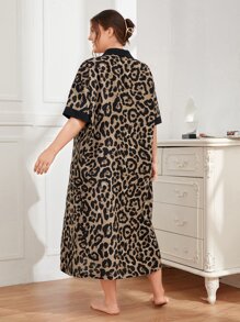SHEIN Unity Plus Leopard Contrast Trim Patched Pocket Sleep Dress, Moo Moo - Multicolor - View 4