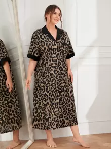 SHEIN Unity Plus Leopard Contrast Trim Patched Pocket Sleep Dress, Moo Moo - Multicolor - View 3