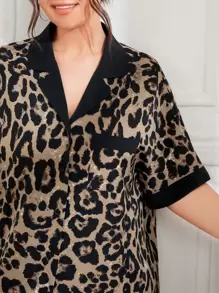 SHEIN Unity Plus Leopard Contrast Trim Patched Pocket Sleep Dress, Moo Moo - Multicolor - View 5