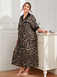 SHEIN Unity Plus Leopard Contrast Trim Patched Pocket Sleep Dress, Moo Moo - Multicolor - View 2