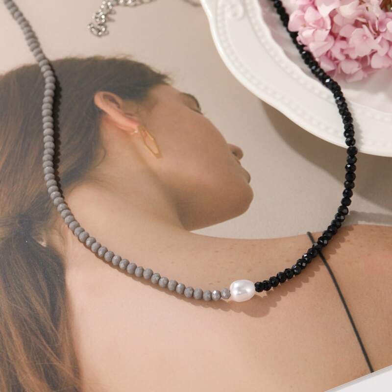 

Faux Pearl Beaded Necklace, Black