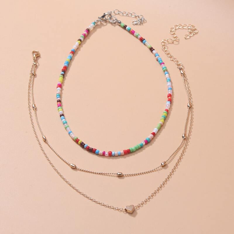 

2pcs Heart Decor Beaded Necklace, Gold