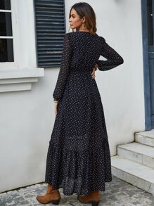 Rusttydustty 女士黑色花卉刺绣V领雪纺波点长袖连衣裙，休闲百搭，适合派对、海滩度假、音乐节等场合。 - 黑色 - 查看 2