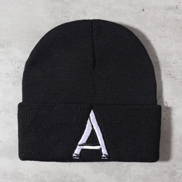 

Letter Embroidery Beanie, Black