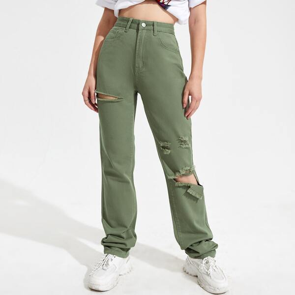 

High Waist Ripped Boyfriend Jeans, Army green