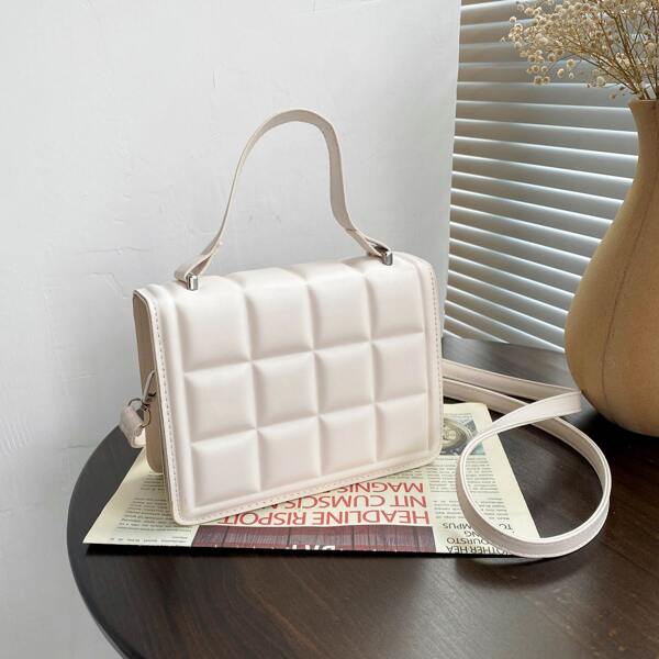 

Minimalist Quilted Flap Square Bag, Beige