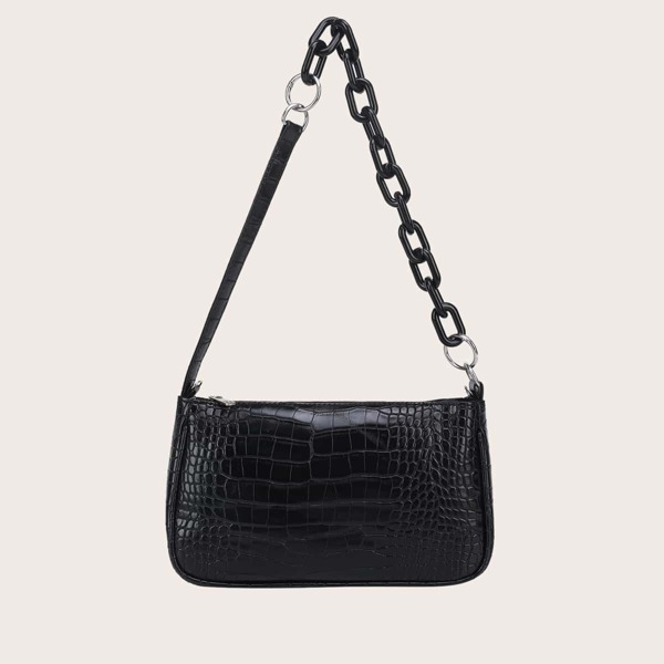 

Croc Embossed Baguette Bag, Black