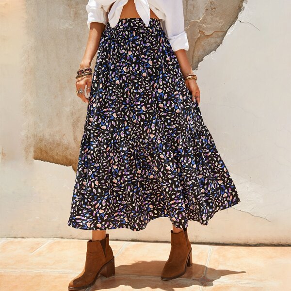 

Allover Print Flare Skirt, Black