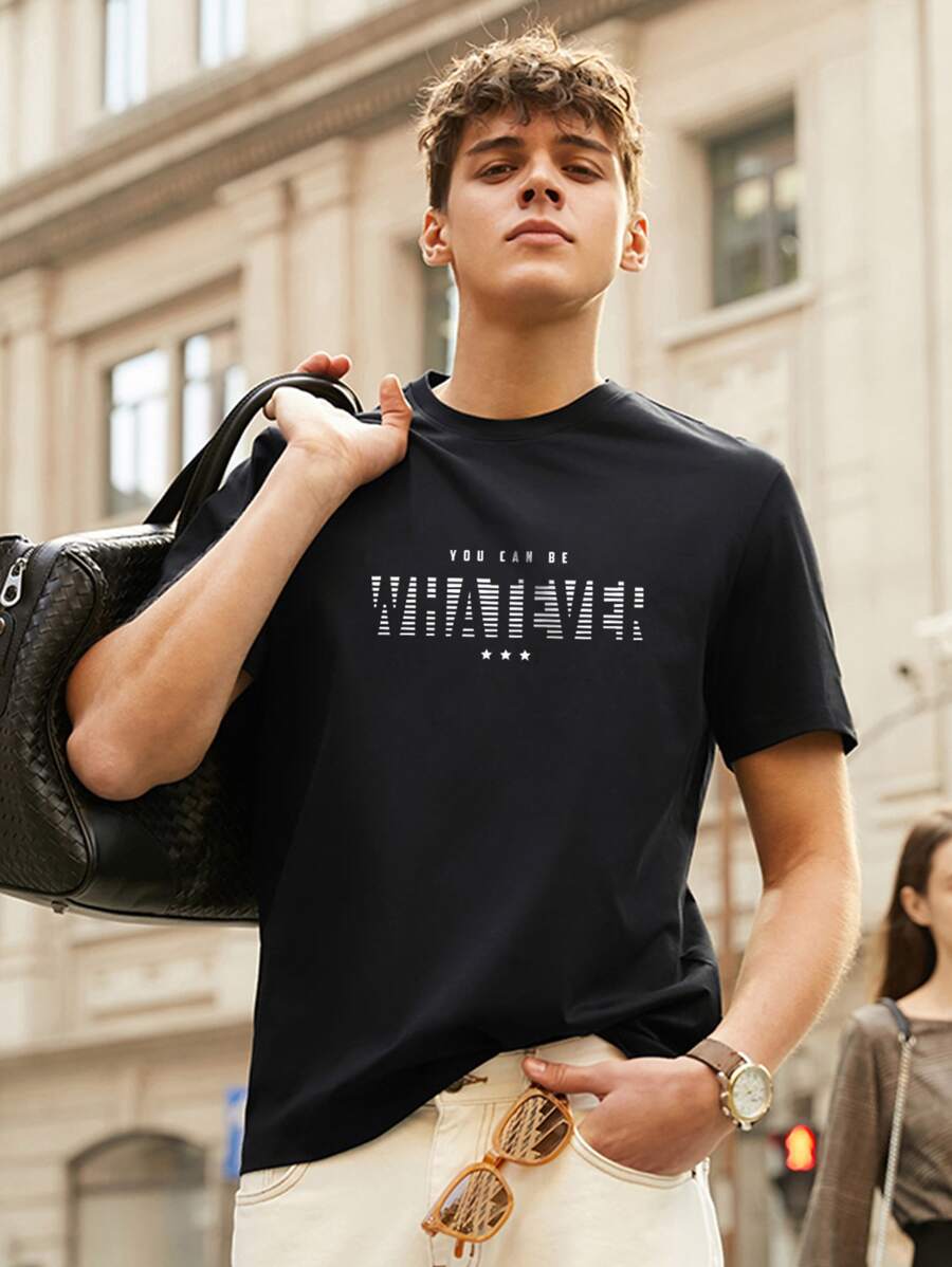 Hombres Camiseta con estampado de estrella & slogan - Negro - Ver 1