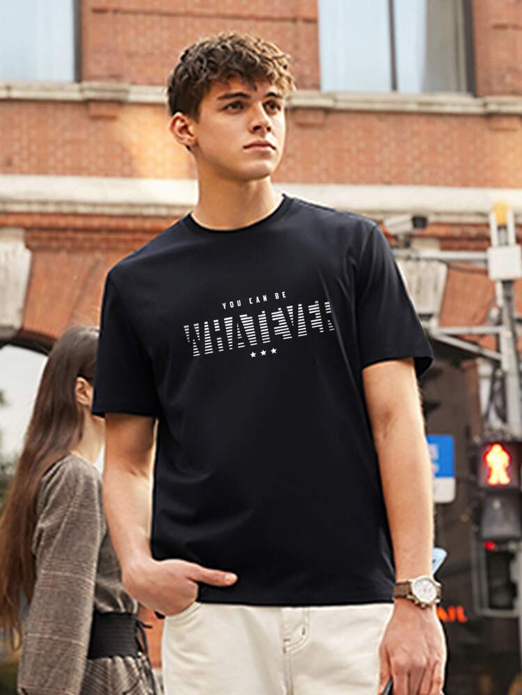 Hombres Camiseta con estampado de estrella & slogan - Negro - Añade 5