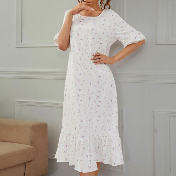 

Ditsy Floral Lace Insert Ruffle Hem Nightdress, White