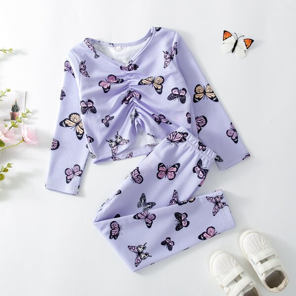 

Toddler Girls Butterfly Print Ruched Top & Leggings, Lilac purple