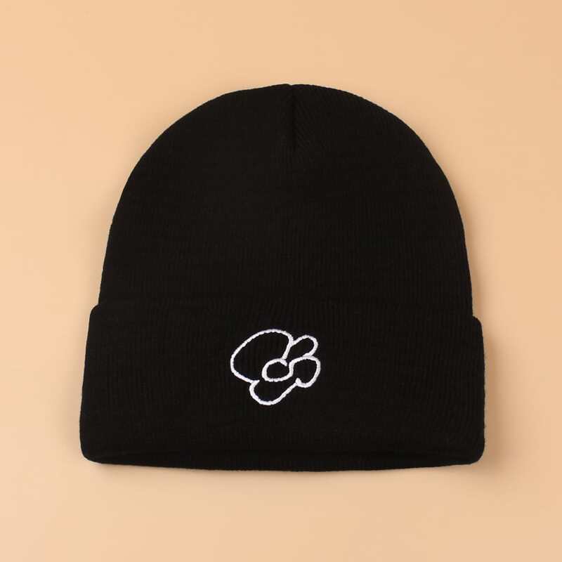 

Flower Embroidery Knit Beanie, Black