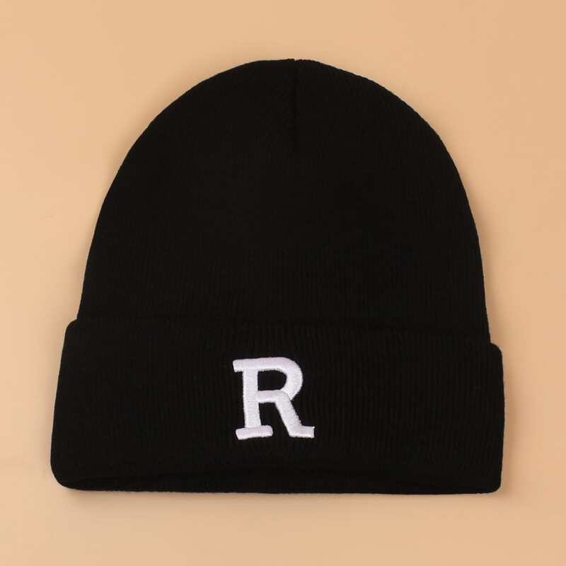 

Letter Embroidery Knit Beanie, Black