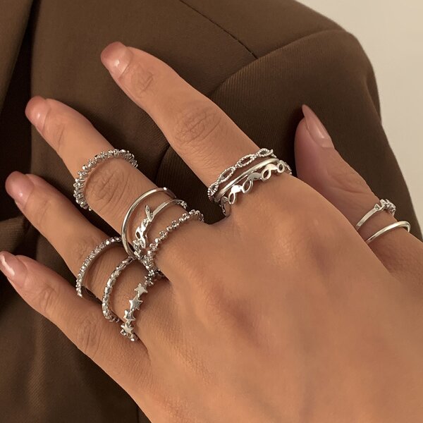 

12pcs Rhinestone & Star Decor Ring, Silver