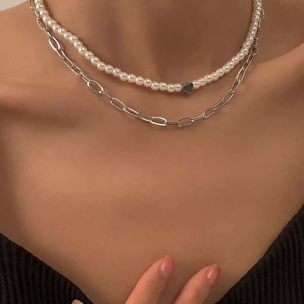 

2pcs Heart Decor Faux Pearl Beaded Necklace, Silver