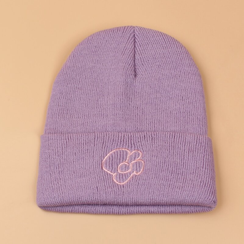 

Flower Embroidery Knit Beanie, Purple