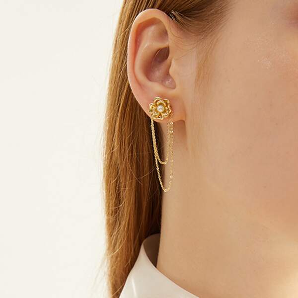 

Flower & Chain Decor Drop Earrings, Gold