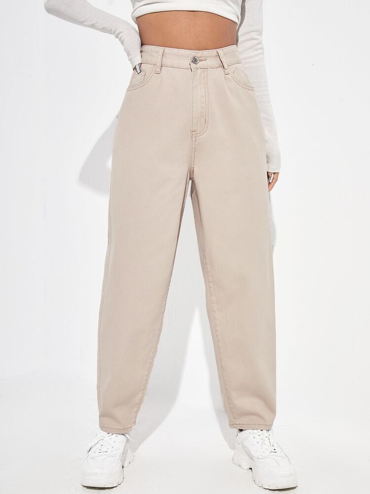 Quần jean nữ Nút Túi Dây kéo màu trơn - Màu Khaki - Xem 1