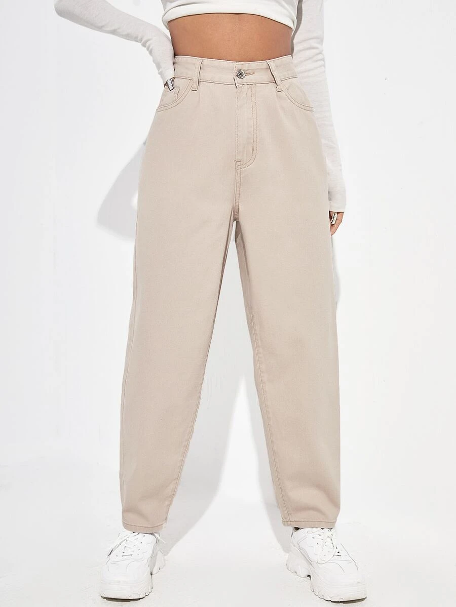 Quần jean nữ Nút Túi Dây kéo màu trơn - Màu Khaki - Xem 1