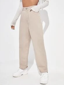 Quần jean nữ Nút Túi Dây kéo màu trơn - Màu Khaki - Xem 3