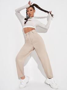 Quần jean nữ Nút Túi Dây kéo màu trơn - Màu Khaki - Xem 4