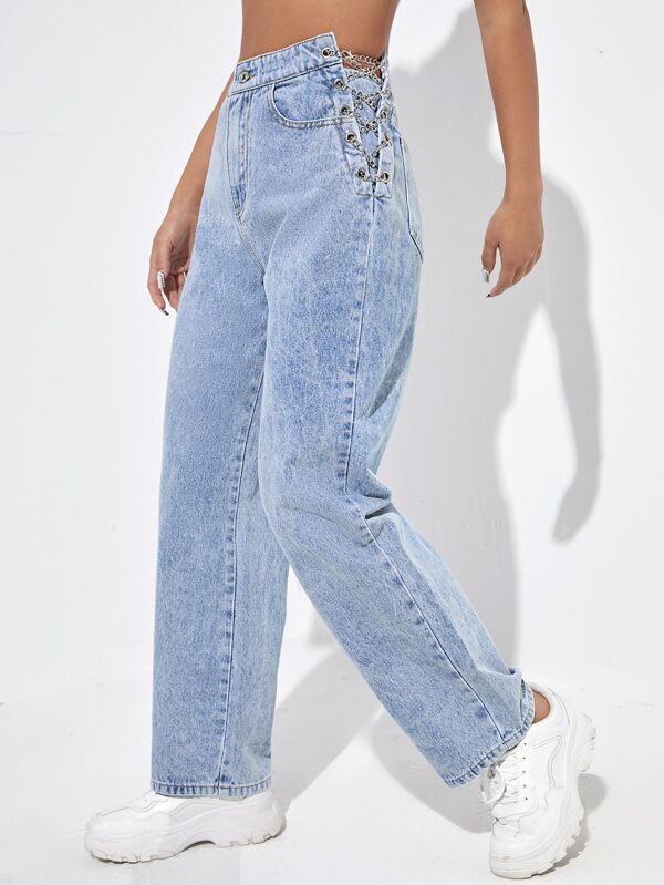 SHEIN EZwear High Waisted Chain Lace Up Jeans