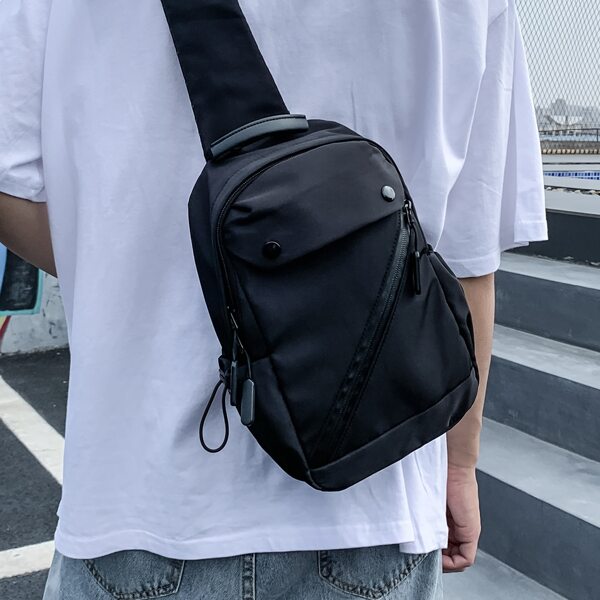 

Men Snap Button Sling Bag, Black