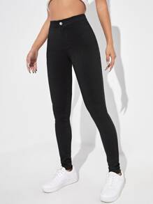 SHEIN MOOSTA Women's Solid Color High Waisted Skinny Casual Pants