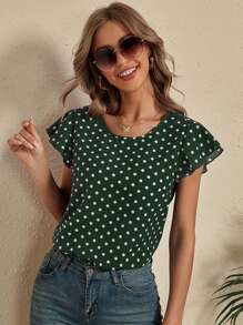 SHEIN LUNE Polka Dot Cut Out Back Blouse - Dark Green - View 1