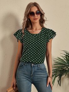 SHEIN LUNE Polka Dot Cut Out Back Blouse - Dark Green - View 3