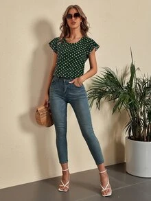 SHEIN LUNE Polka Dot Cut Out Back Blouse - Dark Green - View 4