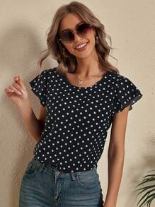 SHEIN LUNE Blus Memotong Ruffle Polka Dot Casual - Hitam - View 1