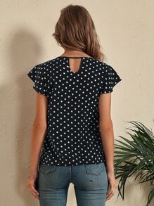 SHEIN LUNE Blus Memotong Ruffle Polka Dot Casual - Hitam - View 2