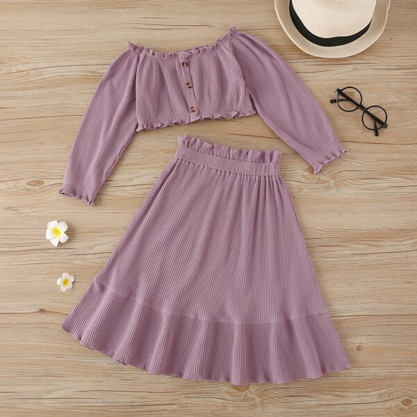 

Toddler Girls Ribbed Knit Frill Trim Crop Top & Ruffle Hem Skirt, Purple