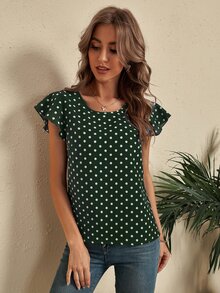 SHEIN LUNE Polka Dot Cut Out Back Blouse - Dark Green - View 5