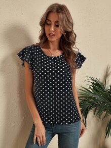 SHEIN LUNE Blus Memotong Ruffle Polka Dot Casual - Hitam - View 3