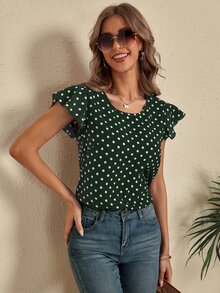 SHEIN LUNE Polka Dot Cut Out Back Blouse - Dark Green - View 6