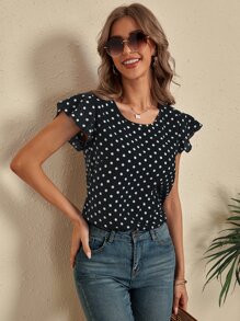 SHEIN LUNE Blus Memotong Ruffle Polka Dot Casual - Hitam - View 4