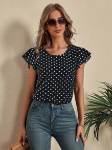 SHEIN LUNE Blus Memotong Ruffle Polka Dot Casual - Hitam - View 5