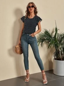 SHEIN LUNE Blus Memotong Ruffle Polka Dot Casual - Hitam - View 6
