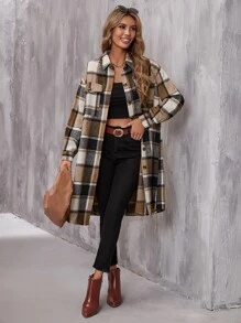 SHEIN LUNE Plaid Flap Pocket Drop Shoulder Coat - Multicolor - View 1