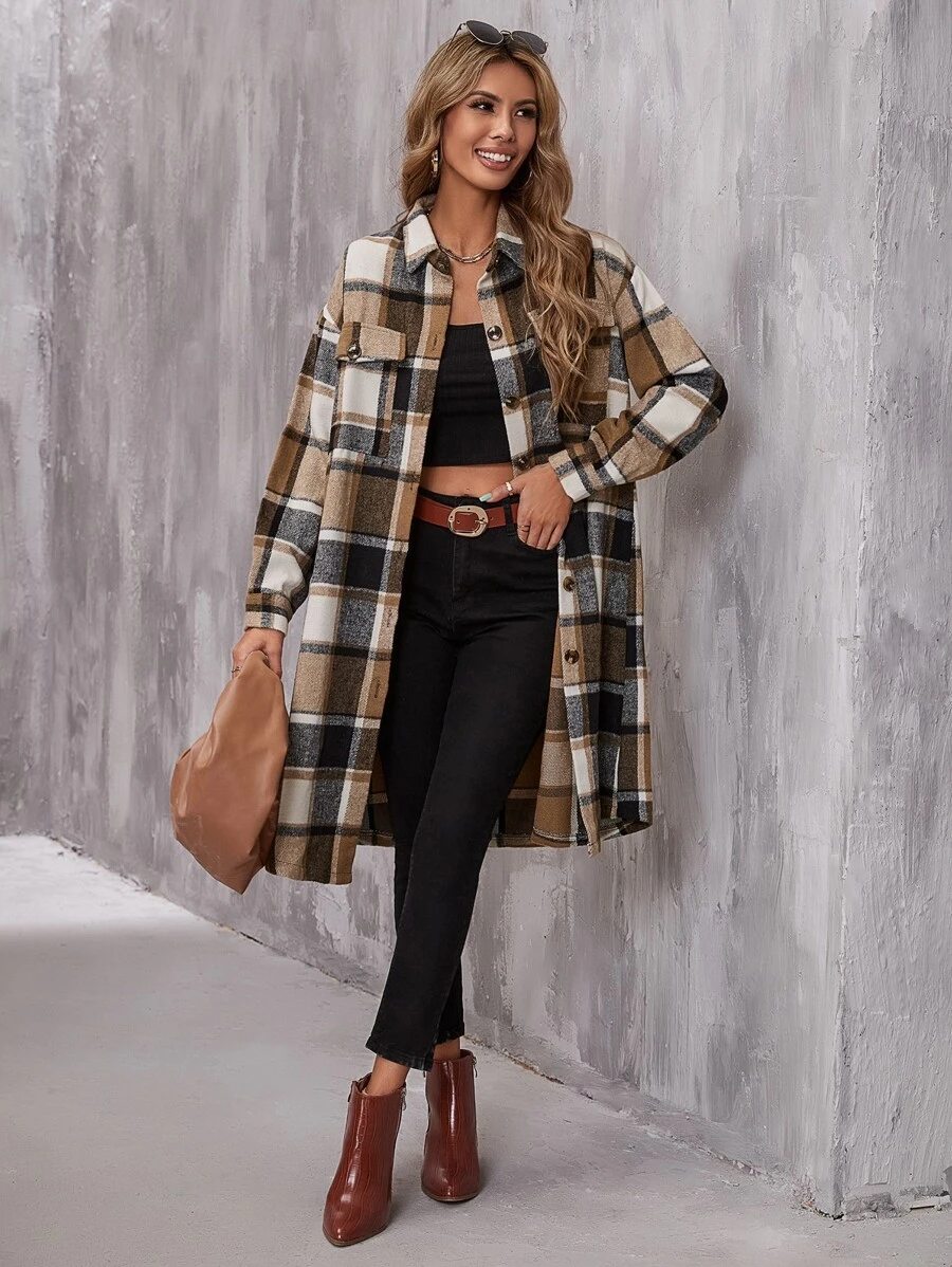 SHEIN LUNE Plaid Flap Pocket Drop Shoulder Coat - Multicolor - View 1