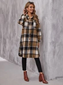 SHEIN LUNE Plaid Flap Pocket Drop Shoulder Coat - Multicolor - View 3