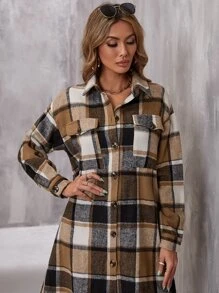 SHEIN LUNE Plaid Flap Pocket Drop Shoulder Coat - Multicolor - View 5
