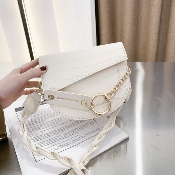 

Croc Embossed Chain Decor Saddle Bag, Beige