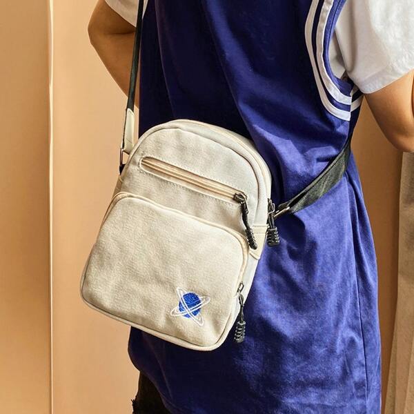 

Embroidery Decor Canvas Crossbody Bag, White