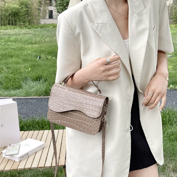 

Croc Embossed Irregular Satchel Bag, Khaki